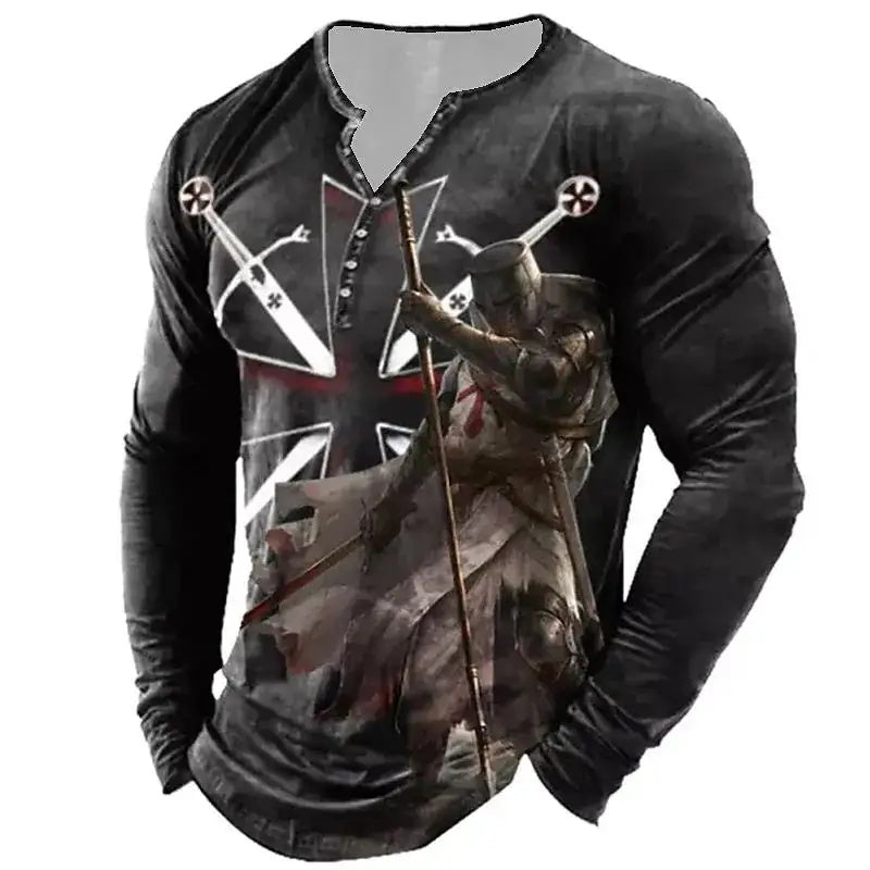 Open Placket Button Digital Printing Men's Long-sleeved T-shirt