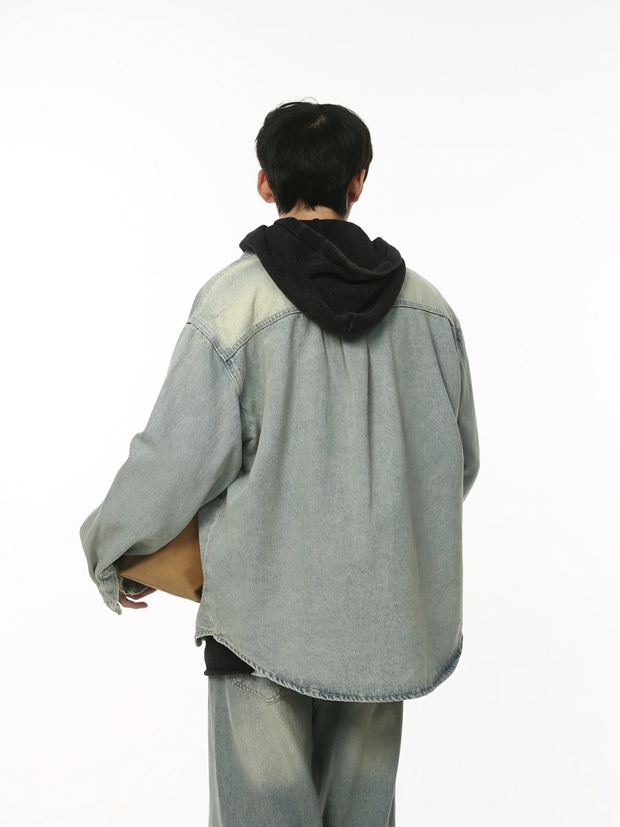 Autumn New Loose Washed-out Brushed White Beef Offal Shirt Coat Trousers