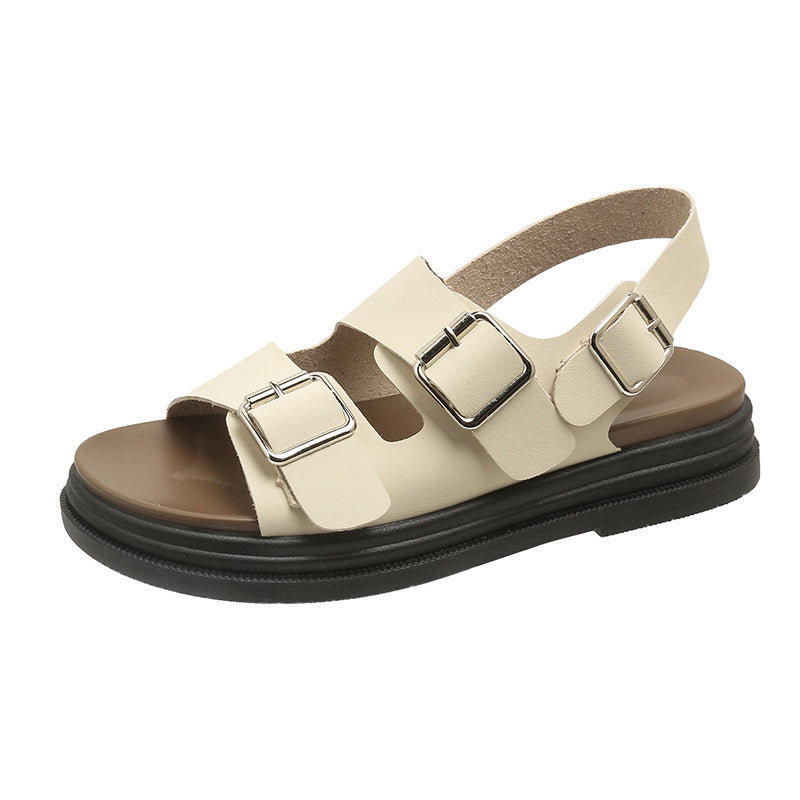 Women's Thick-soled Double-belt Buckle Flat Beach Sandals