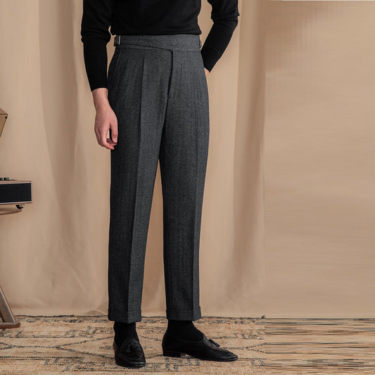 Herringbone Pattern Auger Casual British Tweed Keep Warm High Waist Straight-leg Pants