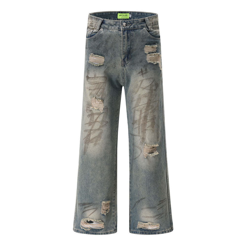 Graffiti Distressed Dirty Ripped Denim Trousers