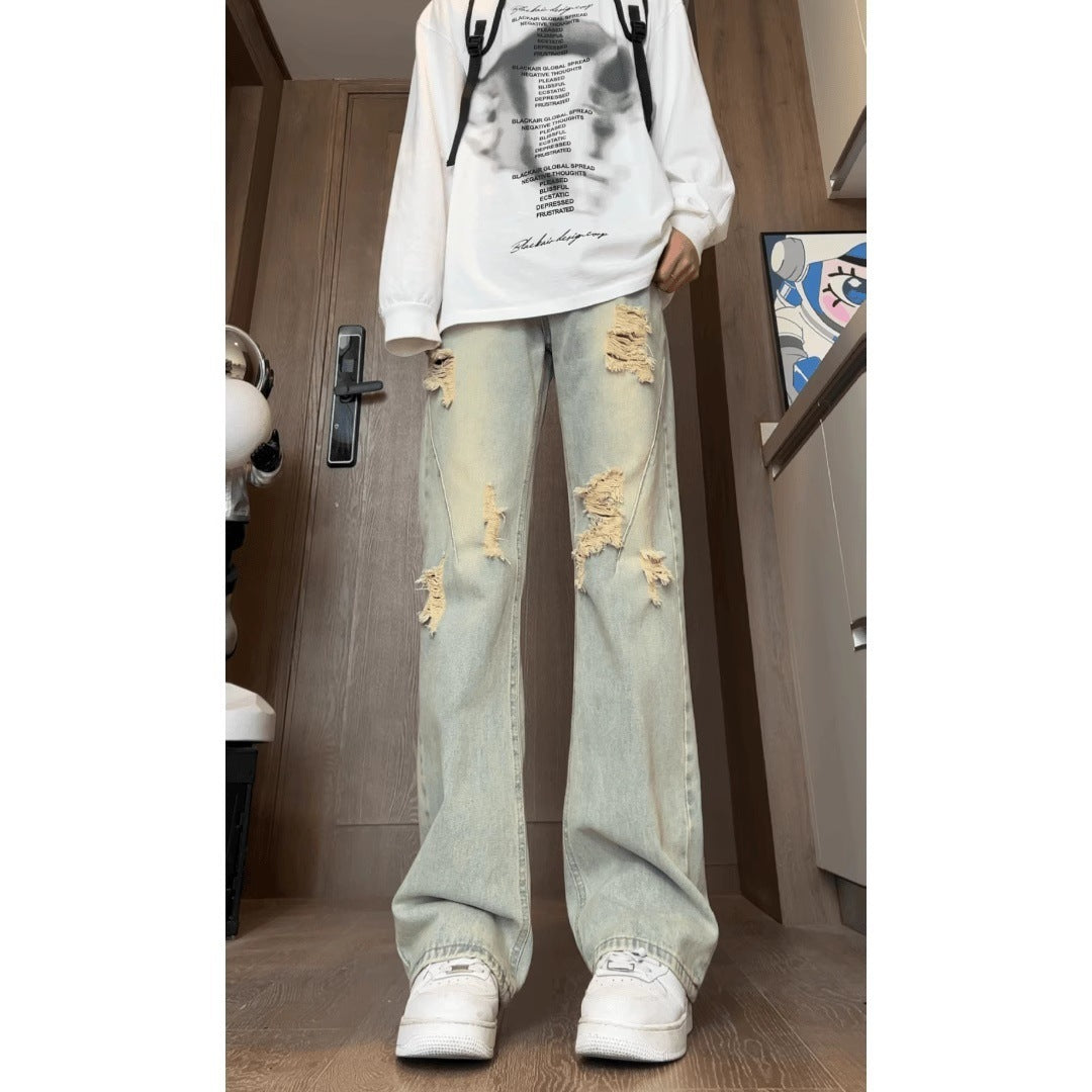 American Vibe Style Retro Wide Leg Jeans Ripped Design Sense