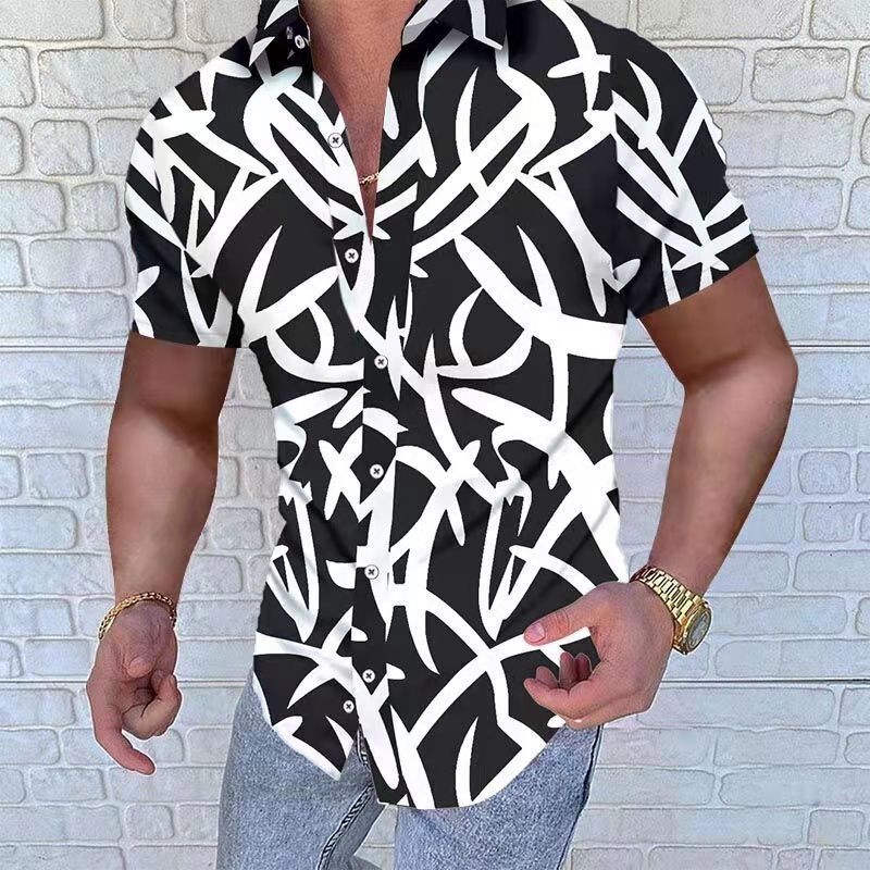 European And American Style Men's Clothing Lapel Print Casual Loose Short Sleeves Shirt