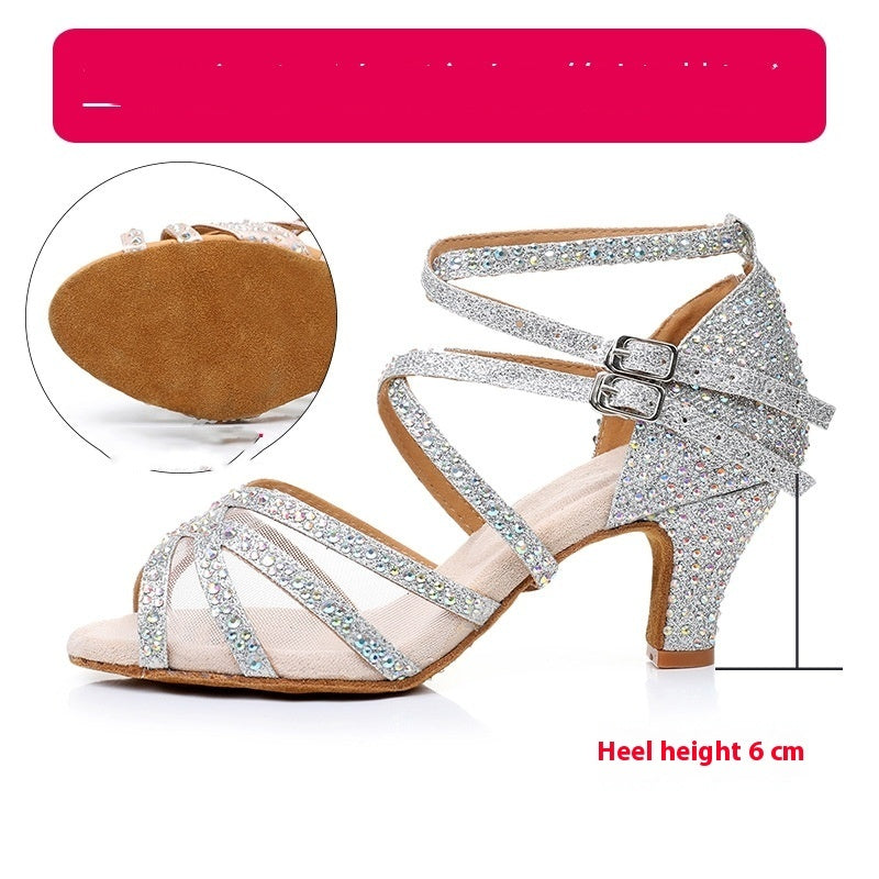 Diamond Latin Dance Shoes Women's Sandals Professional Soft Bottom Dance Shoes Mid-high Heeloutdoor