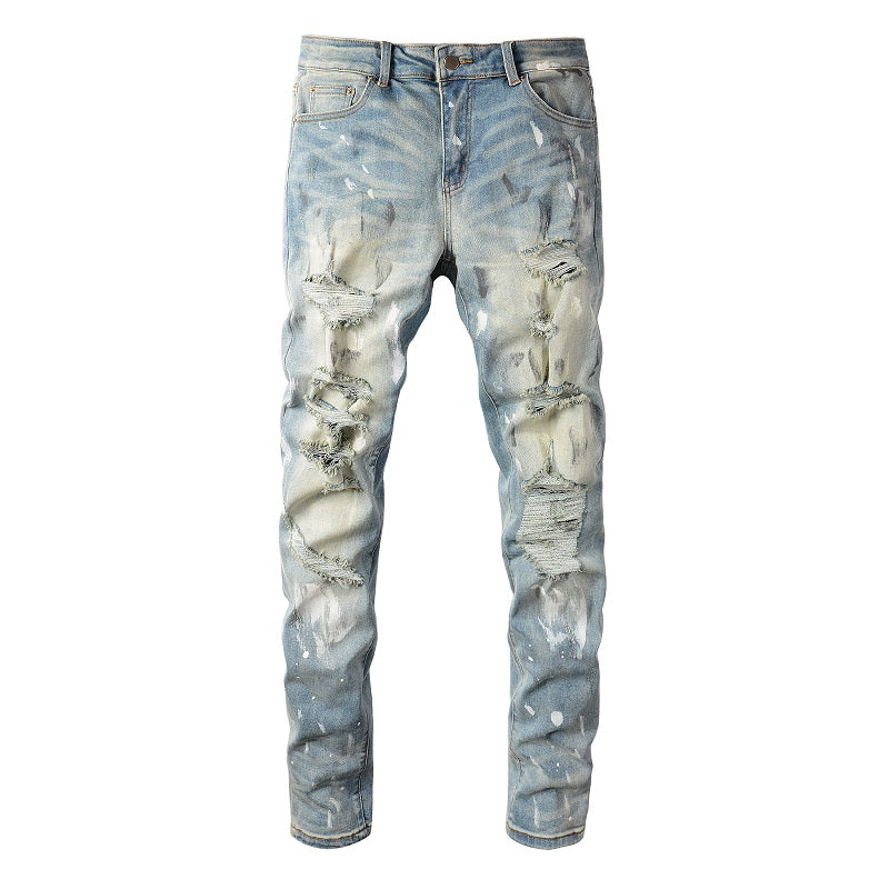 Torn Graffiti Old Wash Stretchy Slim Jeans Men