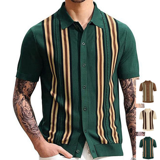 Green Striped Short Sleeve Slim Fit Business Sweater