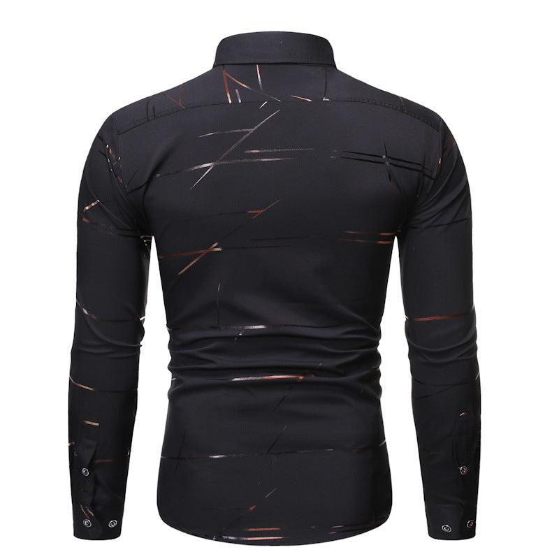 Fashion Henry Collar Design Shirt Line Bronzing Printing Long-sleeved Shirt For Men