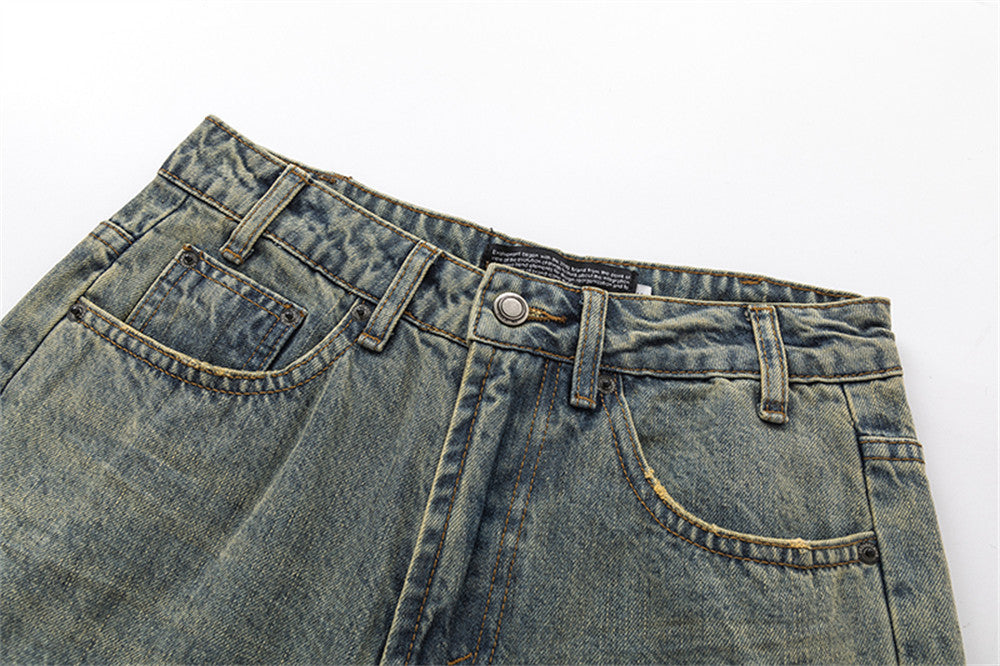 Contrast Color Knee Hole Denim Bell-bottom Pants Men