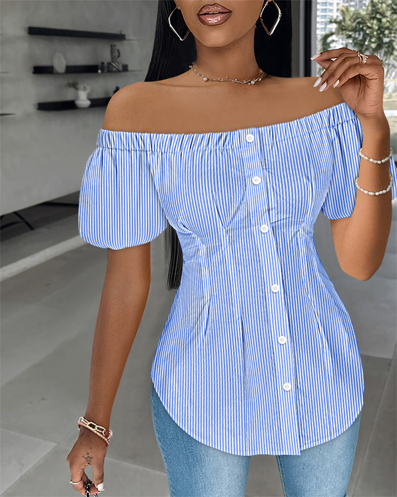 European And American Off-shoulder Striped Short-sleeved Shirt