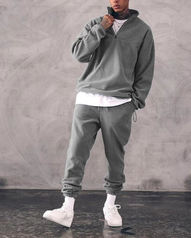 Casual Stand Collar Thickened Long-sleeved T-shirt Loose-fitting Fleece Pullover Men's Suit