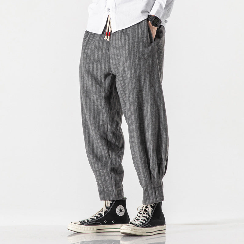 Striped Wool And Fleece Thickened Loose Chinese Style Overalls