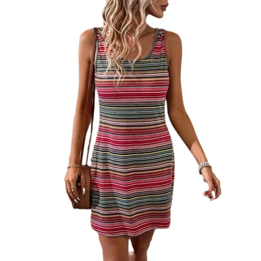 European And American Women's Clothing Independent Station Striped Round Neck Dress