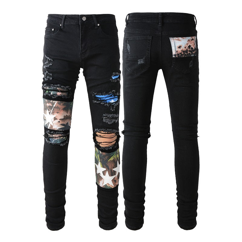 White Star Print Patch Ripped Stretch Slim Black Jeans For Men