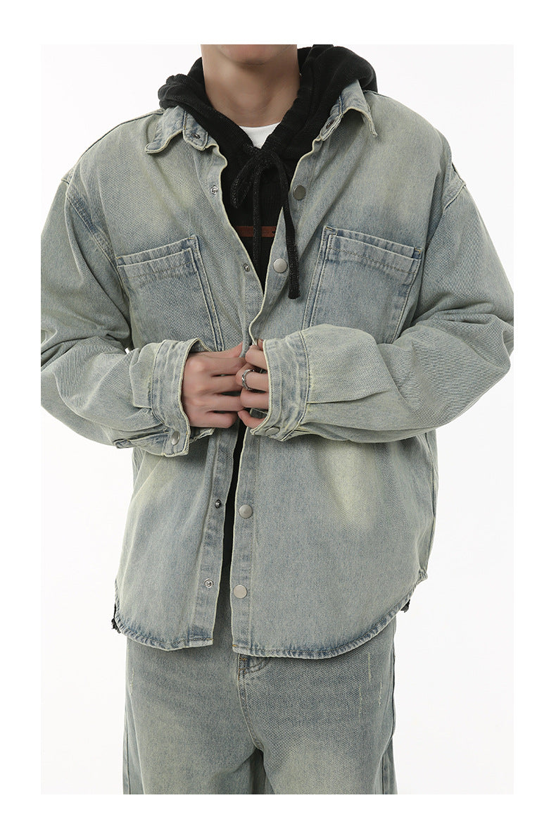 Autumn New Loose Washed-out Brushed White Beef Offal Shirt Coat Trousers