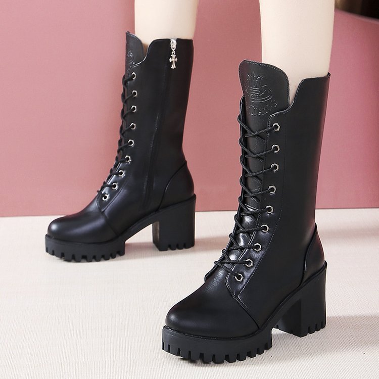 Cross Strap High Heel Short Plush Wedge Round Head Middle Boots