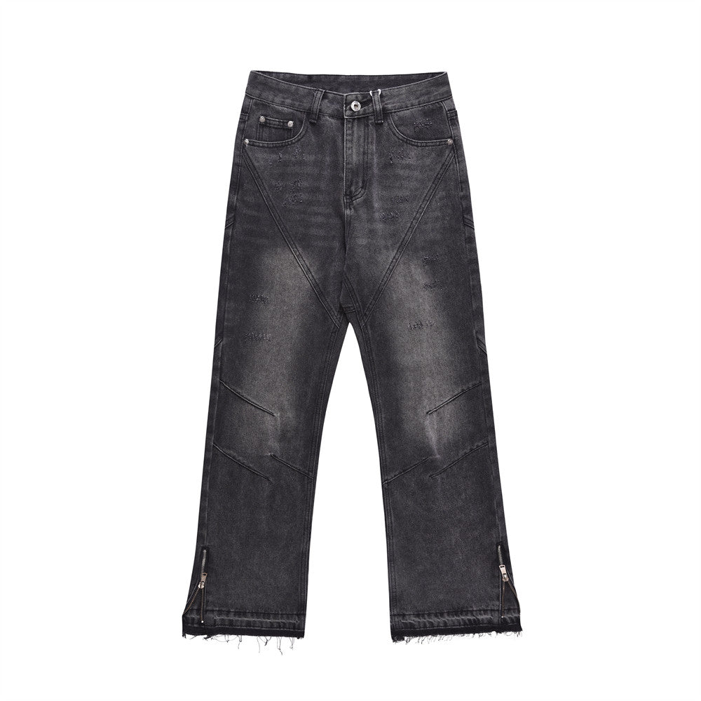 Worn Looking Washed-out Jeans Men's Loose Fashion Brand Punk Design Pressure Line Stitching Edging Straight-leg Wide-leg Pants