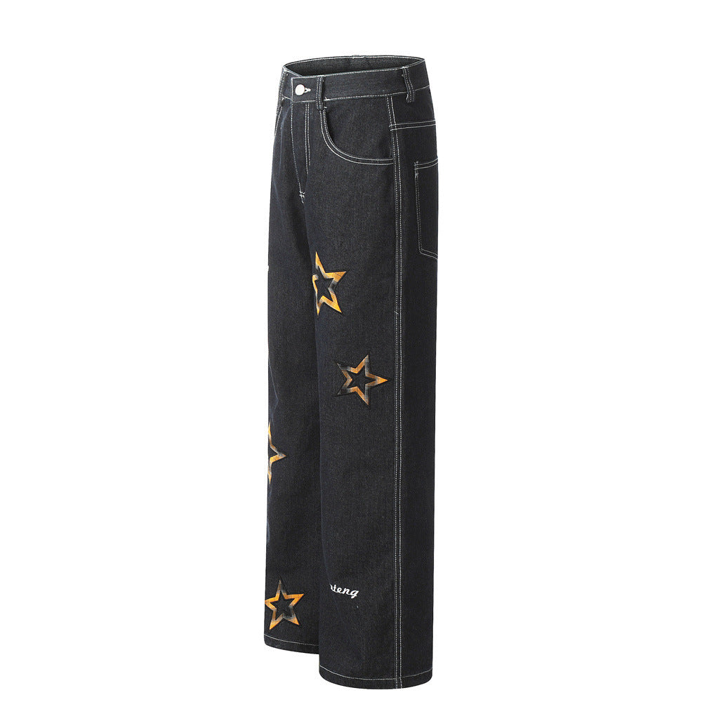 Design Five-pointed Star Affixed Cloth Embroidered Straight-leg Pants