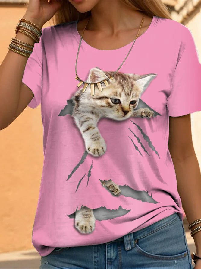 Casual Loose Cat Printing Short-sleeved Shirt