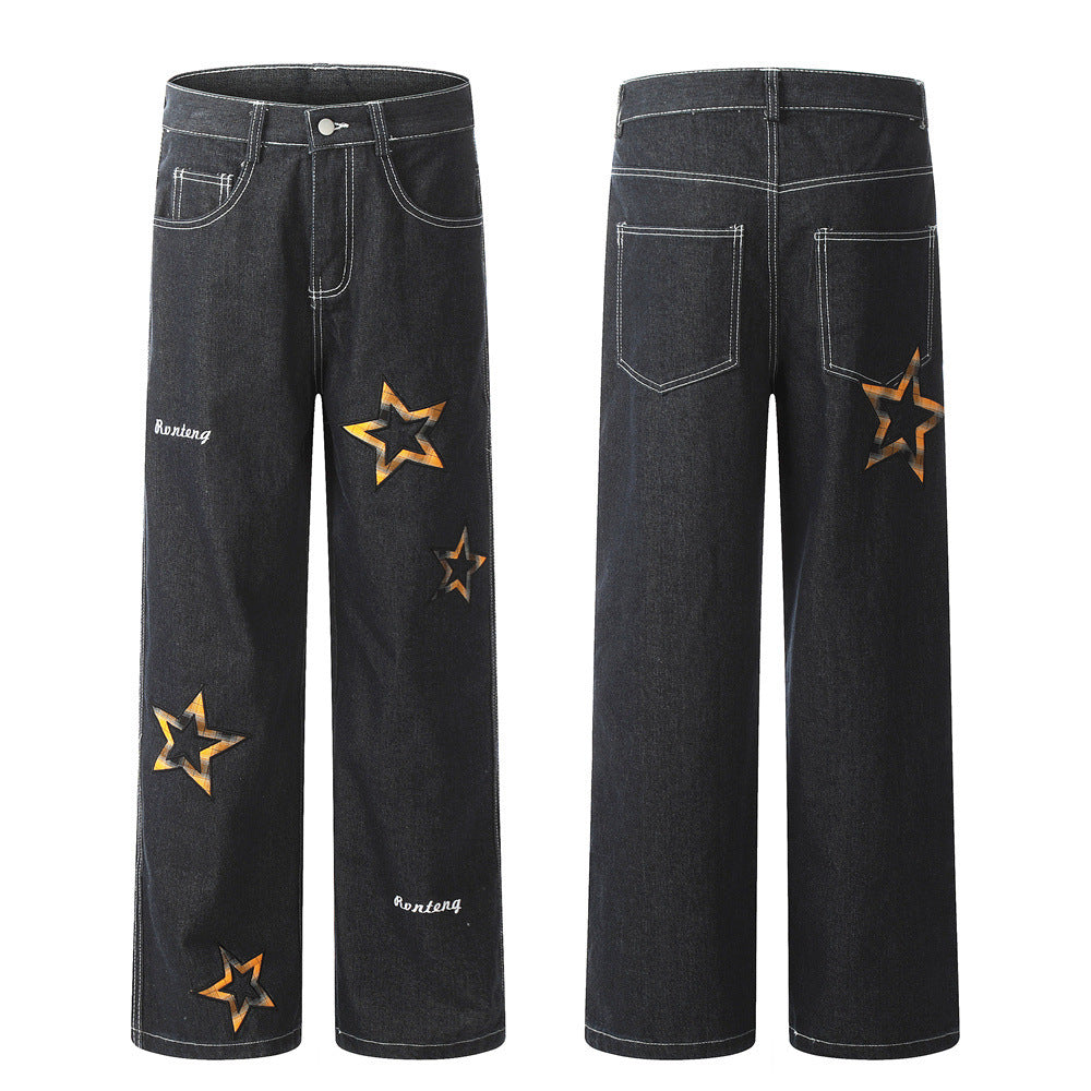 Design Five-pointed Star Affixed Cloth Embroidered Straight-leg Pants