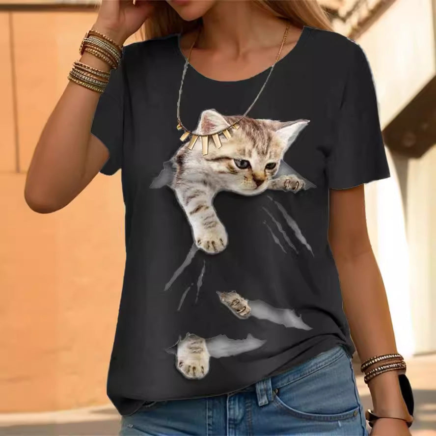 Casual Loose Cat Printing Short-sleeved Shirt