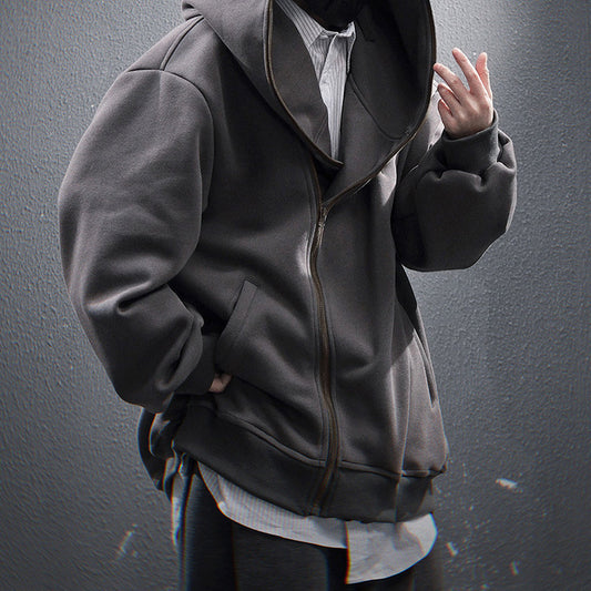 Oblique Zipper Hooded Cardigan Sweater Baggy Coat