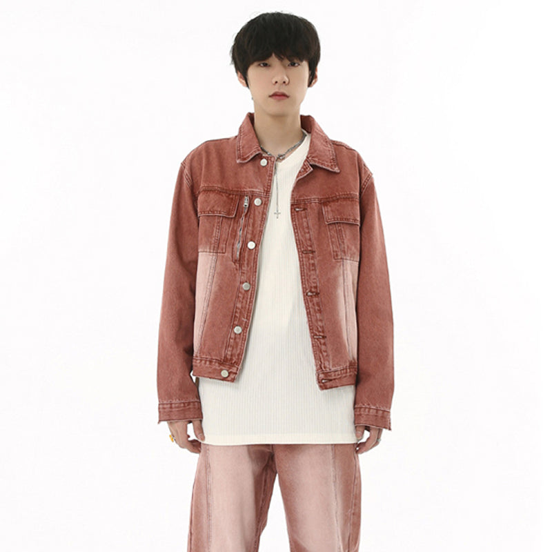 Autumn New Retro Distressed Brick Red Denim Jacket Stitching Trousers