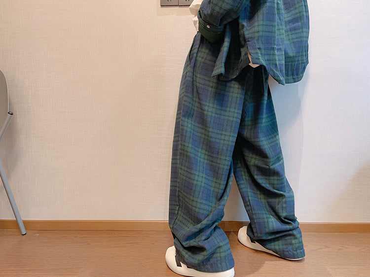 Retro Loose Profile Green Plaid Belt Casual Pants