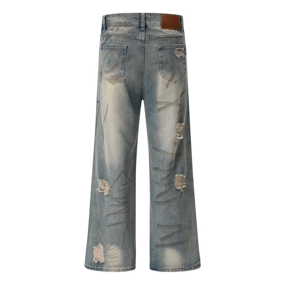 Graffiti Distressed Dirty Ripped Denim Trousers