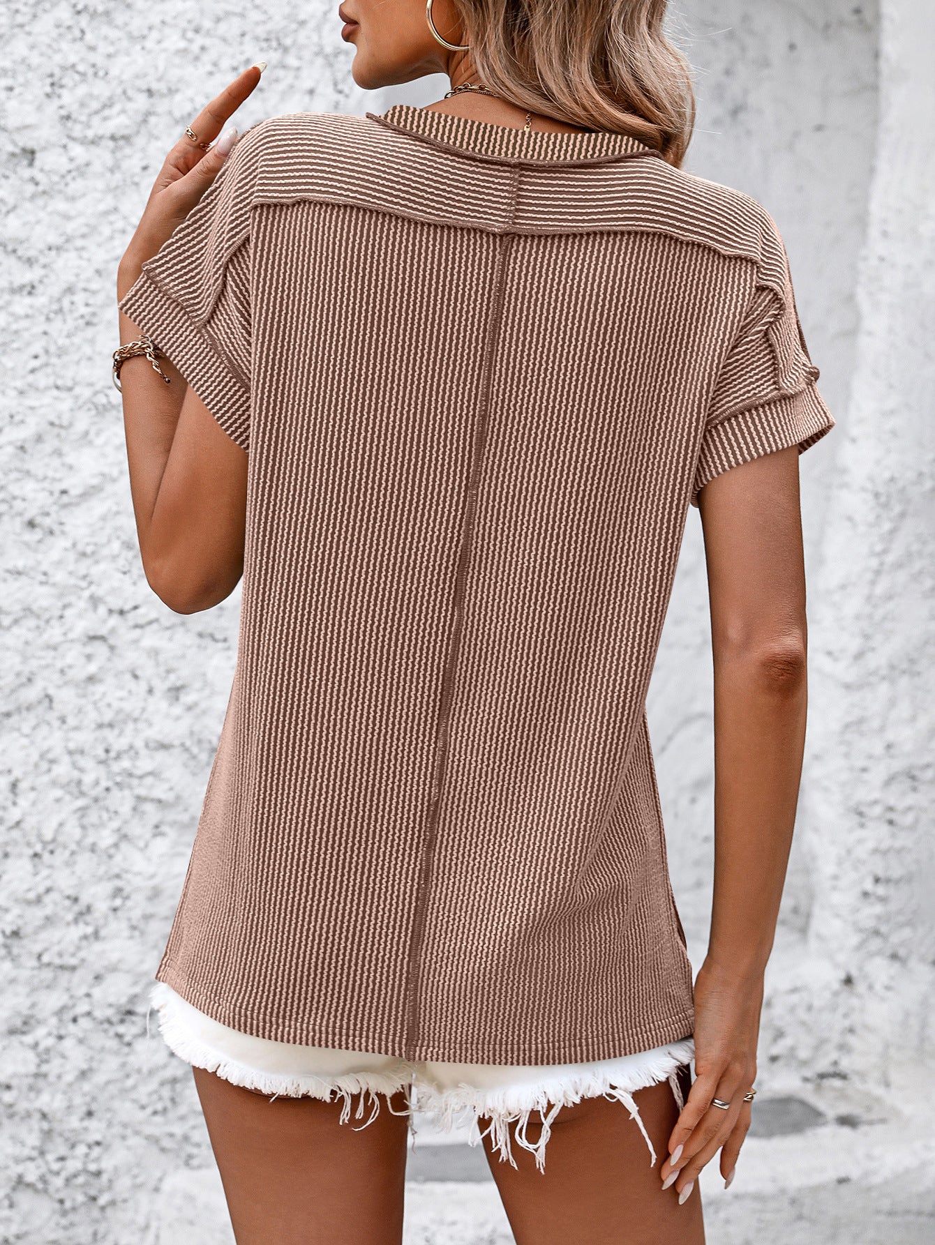 Round Neck Outside Seam Twist Strip Short Sleeve Loose