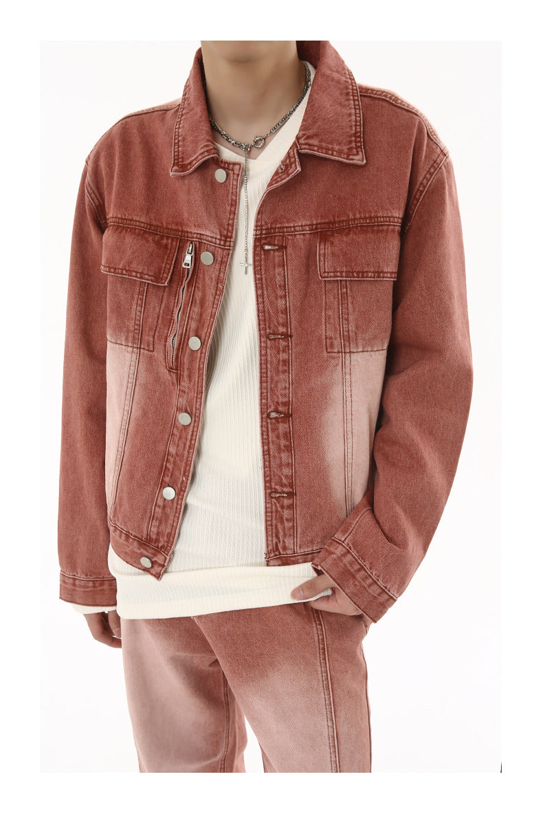 Autumn New Retro Distressed Brick Red Denim Jacket Stitching Trousers