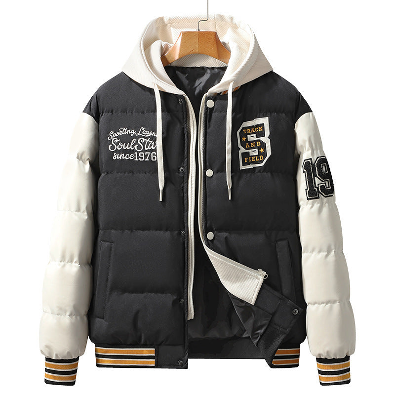 Men's Korean-style Slim-fit Green Hooded Thickened Thermal Coat