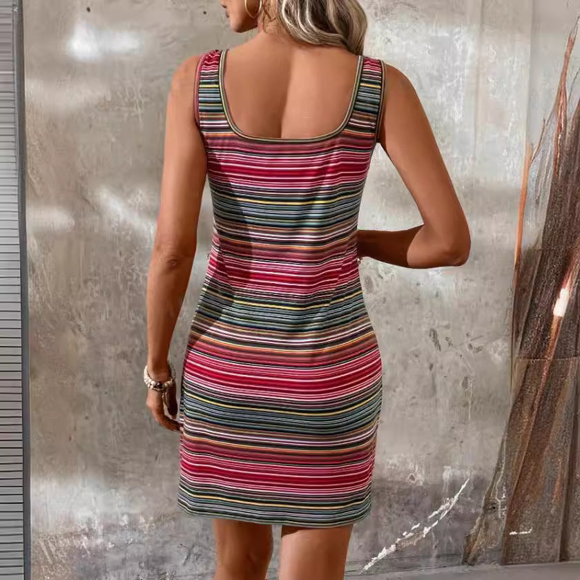 European And American Women's Clothing Independent Station Striped Round Neck Dress