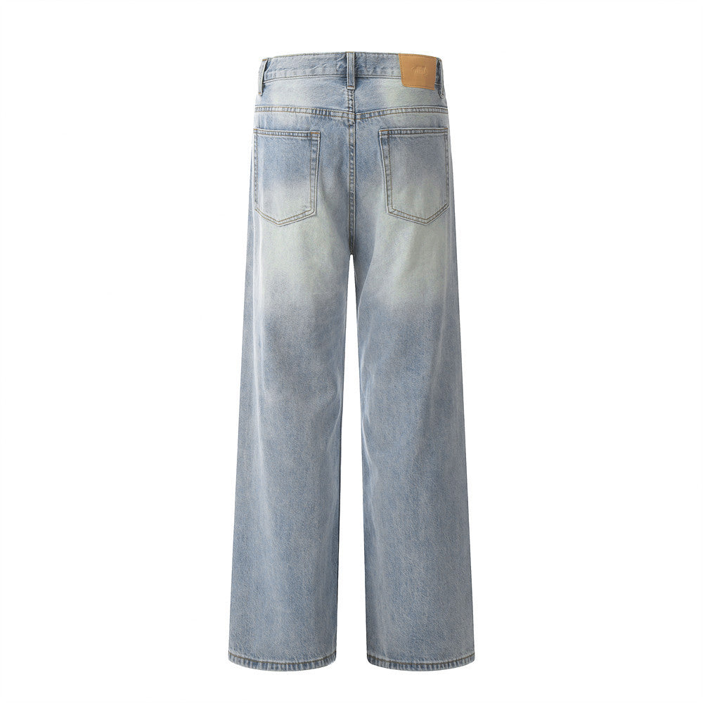 Distressed Wash Wide-leg Jeans Retro