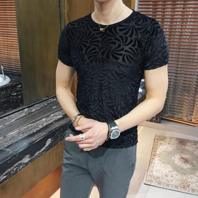 Men's Gold Velvet Ice Silk Cut-out Breathable Short Sleeve Round Neck T-shirt