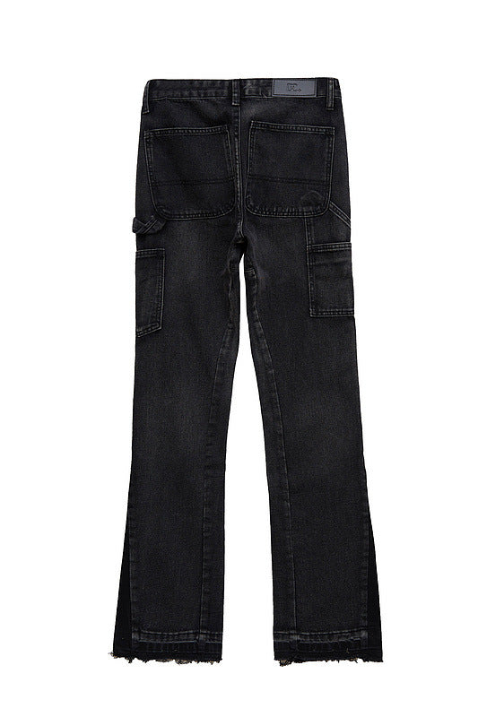 Men's Fashion High Street Stitching Deconstruction Retro Black Slightly Flared Loose Jeans