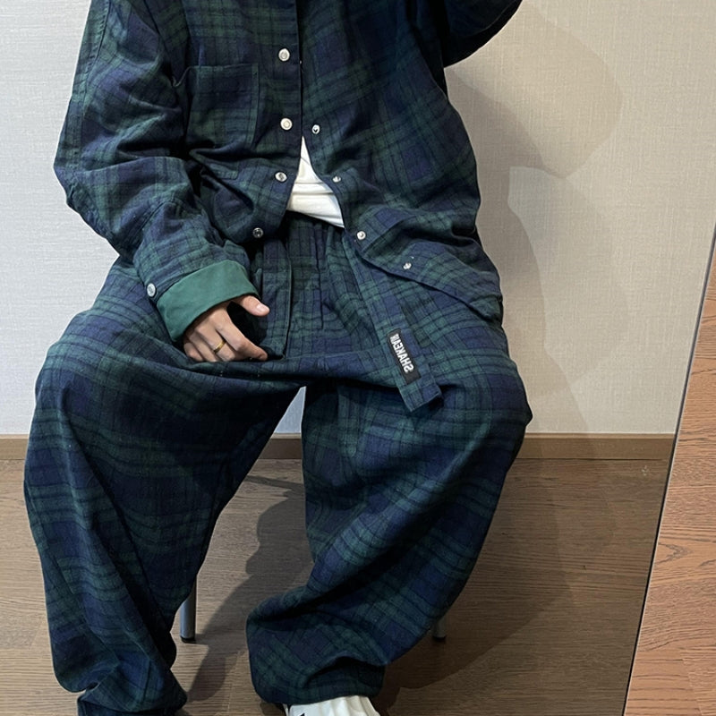Retro Loose Profile Green Plaid Belt Casual Pants