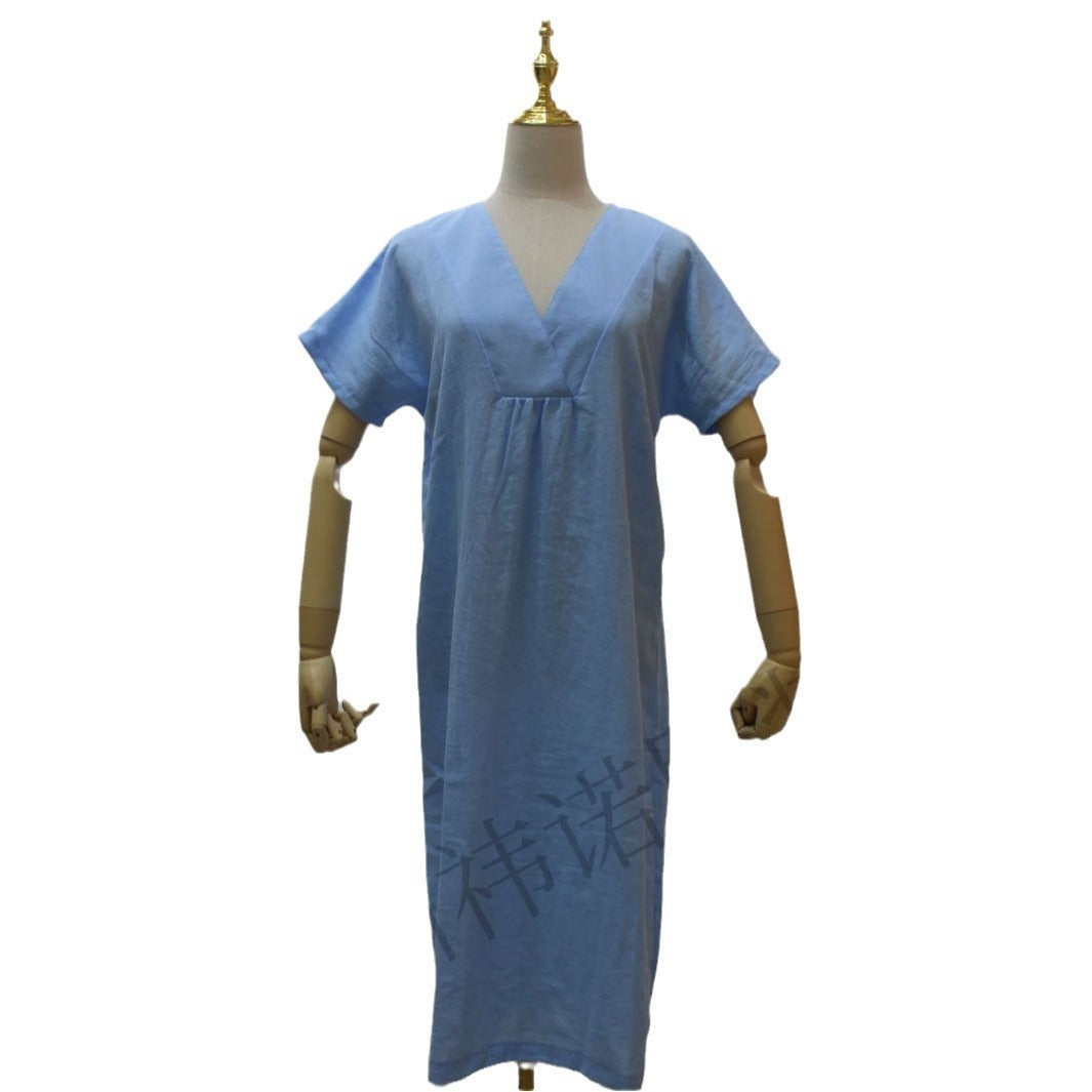 Women's Cotton And Linen Solid Color And V-neck Fashion Style Dress