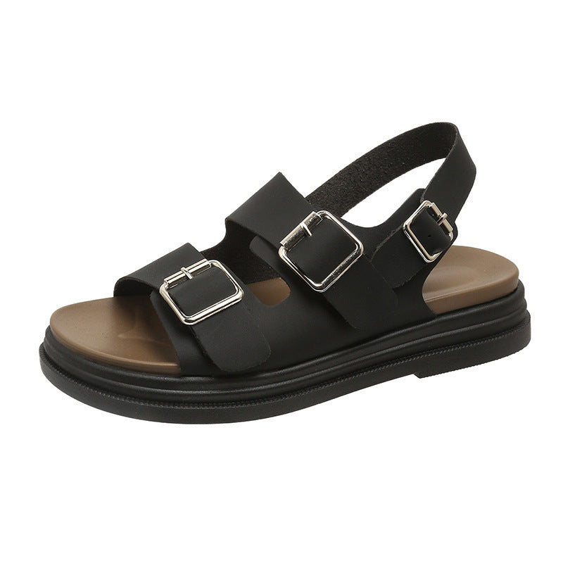 Women's Thick-soled Double-belt Buckle Flat Beach Sandals