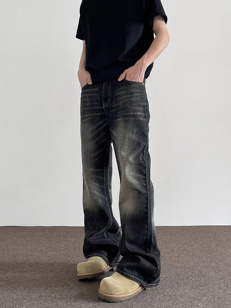 Retro Yellow Mud Dyed Cat Beard Worn Jeans