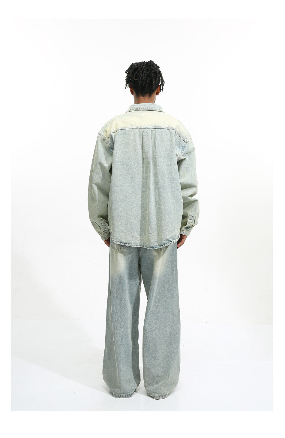 Men's Loose Washed-out Brushed White Light Blue Denim Coat Trousers
