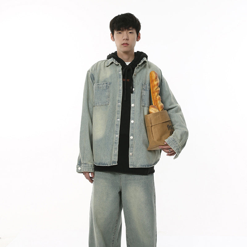 Autumn New Loose Washed-out Brushed White Beef Offal Shirt Coat Trousers