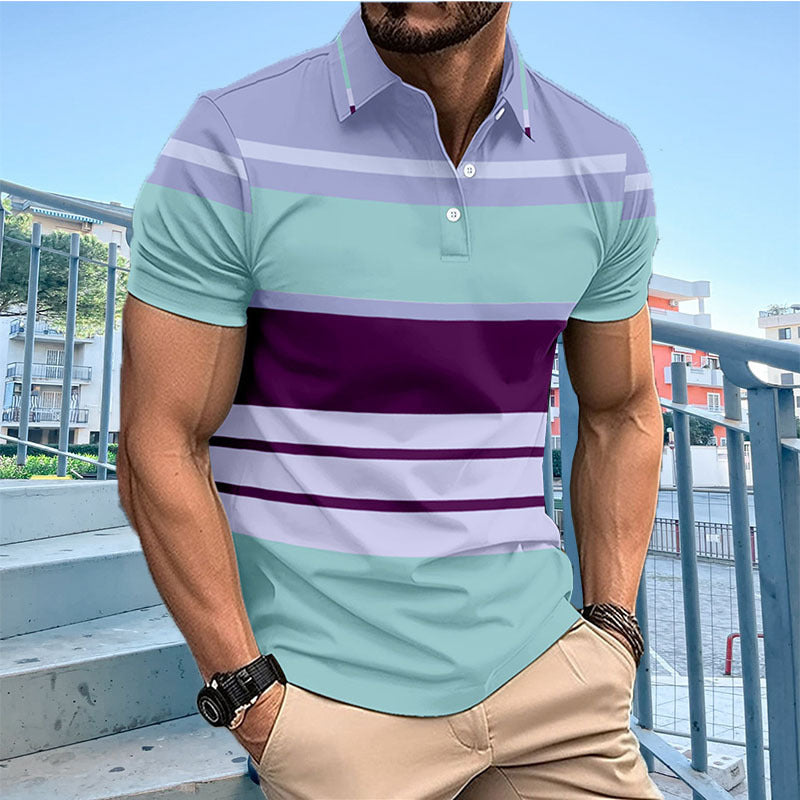 Printed Striped Button Polo Collar Top