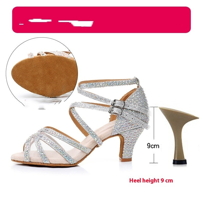 Diamond Latin Dance Shoes Women's Sandals Professional Soft Bottom Dance Shoes Mid-high Heeloutdoor