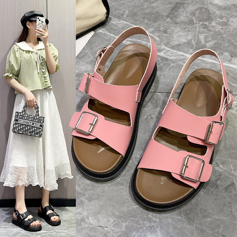 Women's Thick-soled Double-belt Buckle Flat Beach Sandals