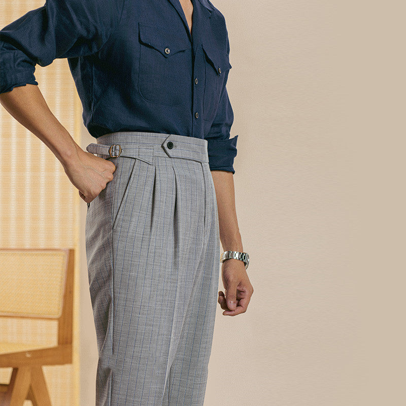 Men's Striped Double Pleated Straight Leg Pants