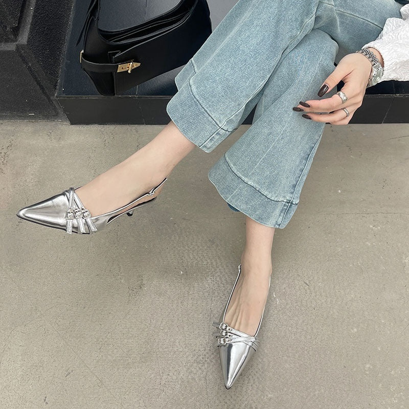 Ankle-strap High Heel Spring New Stylish Women's Shoes Pointed Belt Buckle Thin