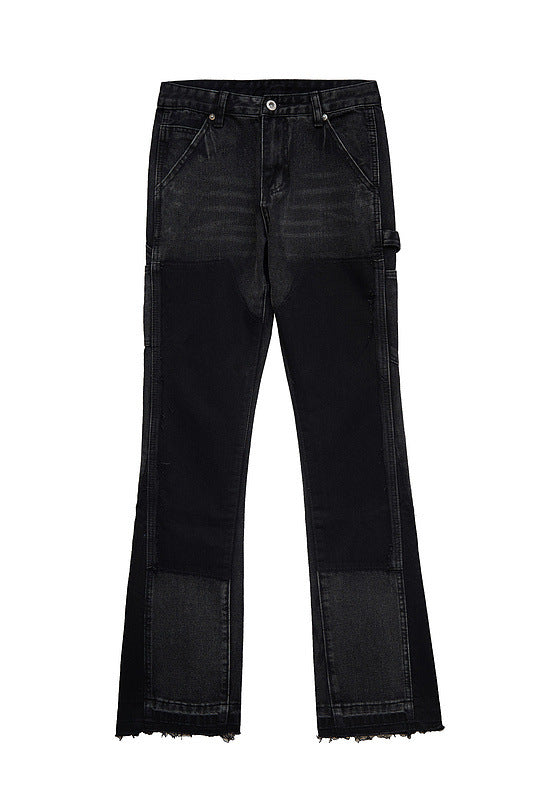 Men's Fashion High Street Stitching Deconstruction Retro Black Slightly Flared Loose Jeans