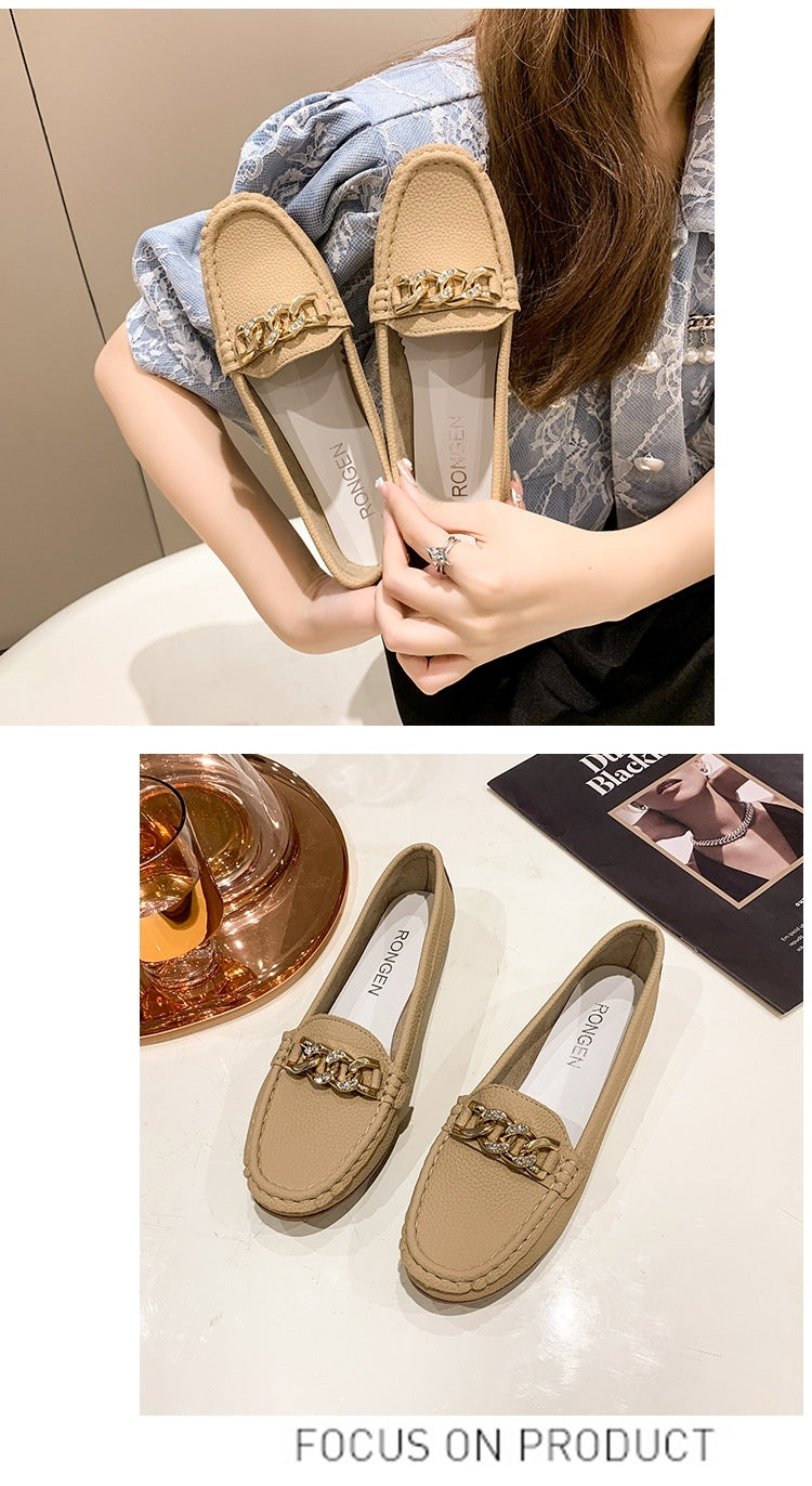 Spring And Autumn New Women's Korean-style Round Toe Low Heel Metal Chain Casual Outdoor