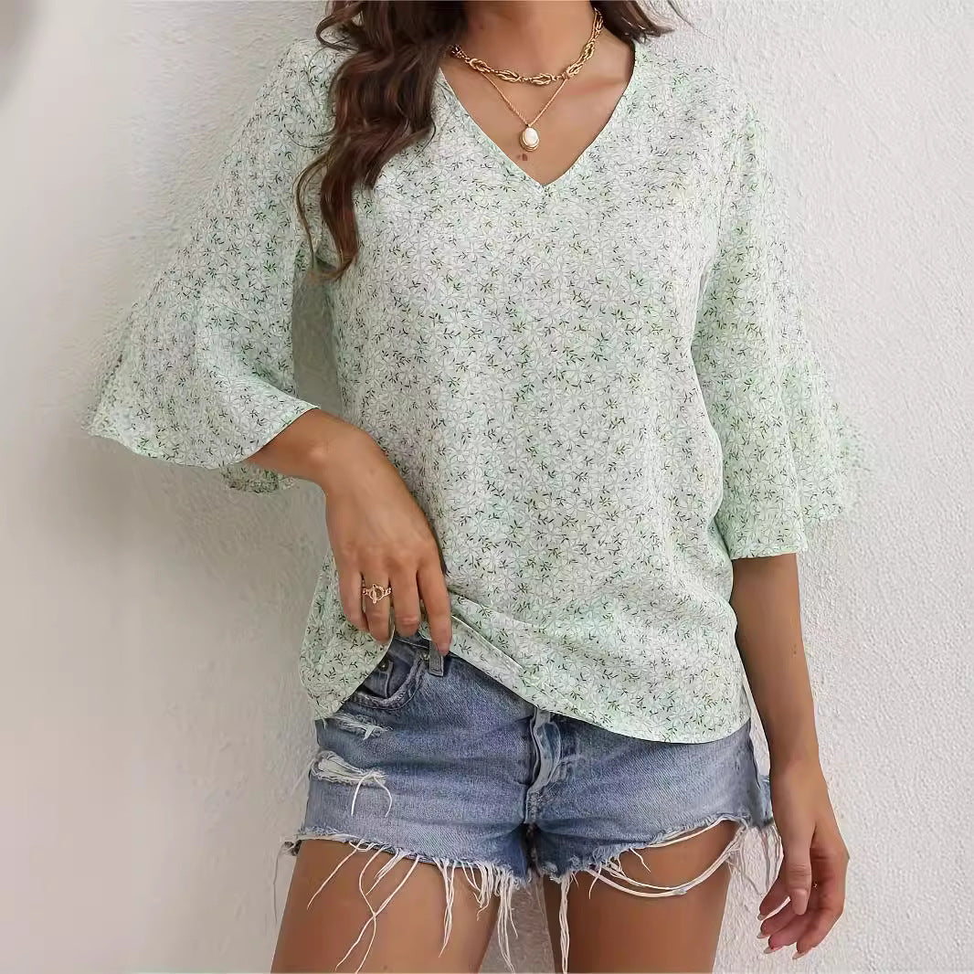 V-neck Chiffon Bell Sleeve Loose Short-sleeved Shirt