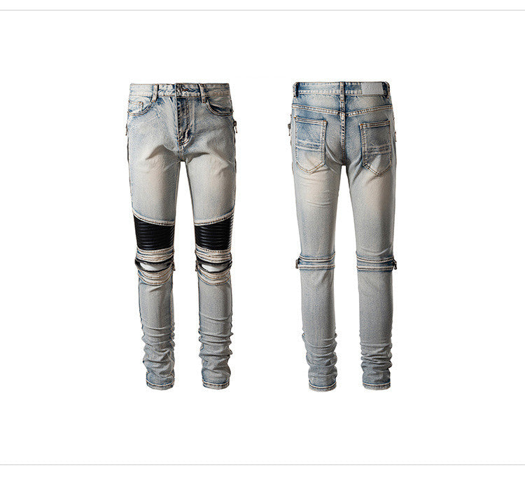 Men's New Arrivals Knee Zipper Leather Patch Trousers